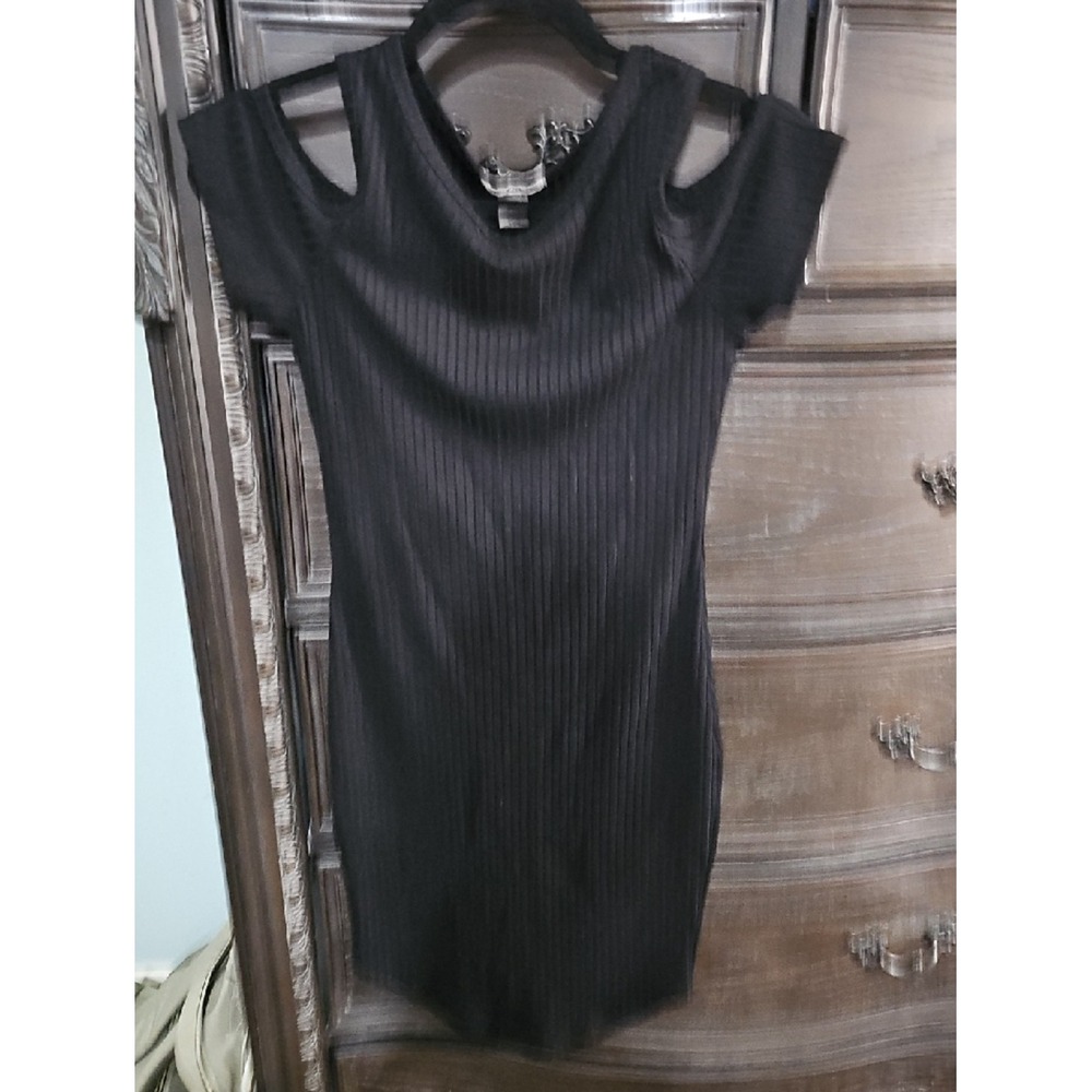 Bozzolo Black Ribbed Cold Shoulder Bodycon Mini Dress Small RD42804